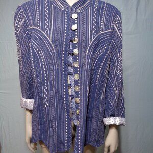 John Mark Blue embroidered jacket with pearly seashell buttons, size large.